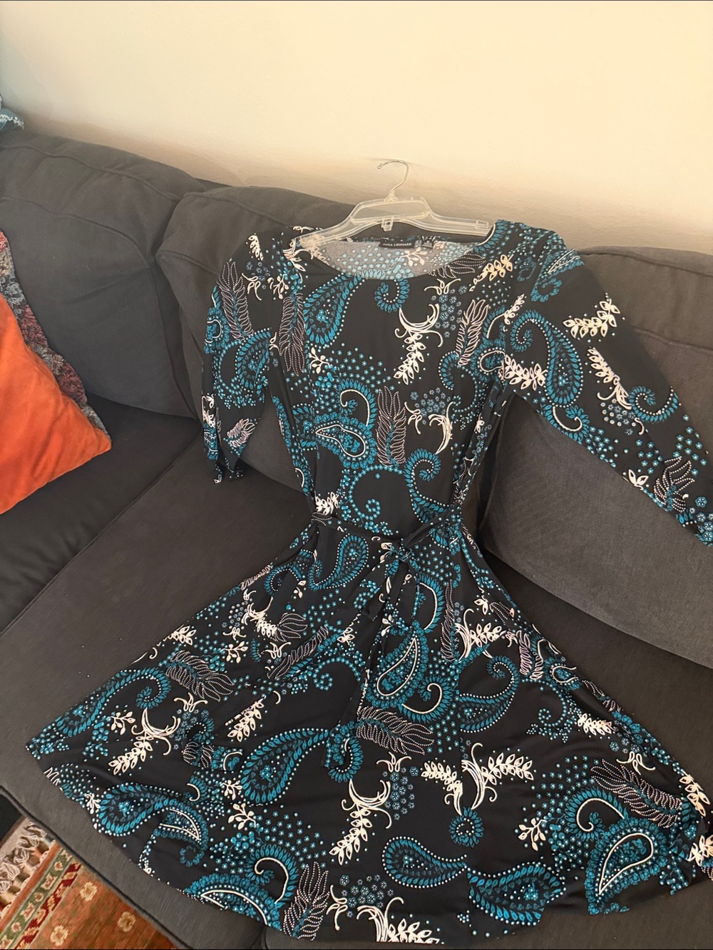 Nina Leonard Black Paisley Midi Dress with Teal and White Accents